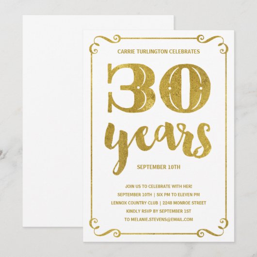 Gold Typografie 30th Birthday Party Kaart (Voorkant / Achterkant)