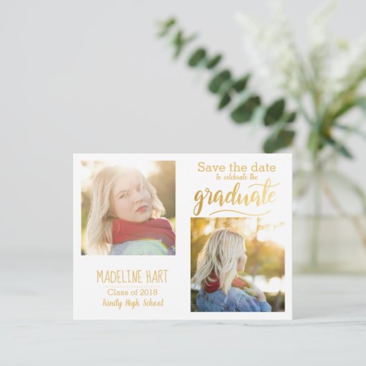 Gold Typografie Afstuderen | Sparen de Datum Twee  Briefkaart (Staand voorkant)