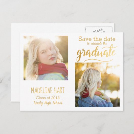 Gold Typografie Afstuderen | Sparen de Datum Twee  Briefkaart (Voorkant / Achterkant)