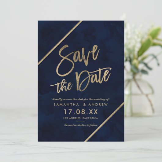Gold typografie blauw waterverf, behalve de datum save the date (Staand voorkant)