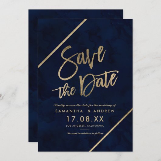 Gold typografie blauw waterverf, behalve de datum save the date (Voorkant / Achterkant)