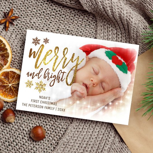 Gold Typografie | Eerste kerstfoto baby's Feestdagenkaart