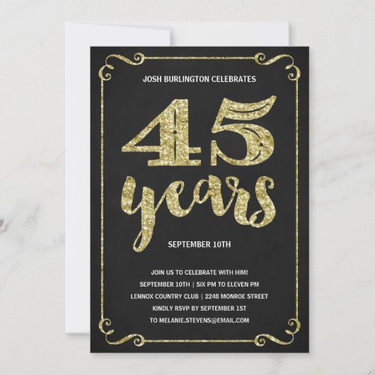 Gold Typografie | Faux Foil 45th Birthday Party Kaart (Voorkant)