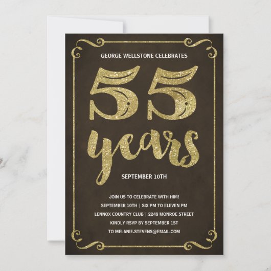 Gold Typografie | Faux Foil 55th Birthday Party Kaart (Voorkant)