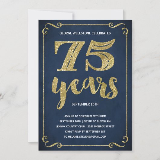 Gold Typografie | Faux Foil 75th Birthday Party Kaart (Voorkant)