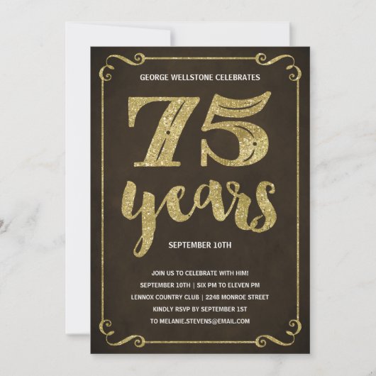 Gold Typografie | Faux Foil 75th Birthday Party Kaart (Voorkant)