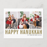 Gold Typografie Foto Collage Happy Hanukkah Feestdagenkaart<br><div class="desc">Happy Hanukkah!  Happy Hanukkah-fotocollage-briefkaart met gouden eenvoudige typografie en sneeuwpatroon. Personaliseer door drie foto's,  namen,  jaar en andere details toe te voegen. Dit moderne Hanukkah-briefkaart is verkrijgbaar in andere kleuren en in kartonnen dozen.</div>