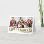 Gold Typografie Happy Hanukkah Photo Collage Feestdagen Kaart<br><div class="desc">Happy Hanukkah!  Happy Hanukkah-fotocollage met gouden eenvoudige typografie en sneeuwpatroon. Personaliseer door drie foto's,  namen,  jaar en andere details toe te voegen. Deze moderne Hanukkah-kaart is verkrijgbaar in andere kleuren en in andere kartonnen dozen.</div>