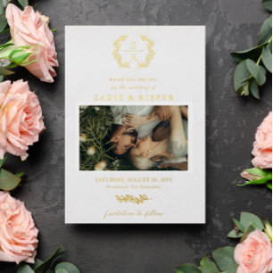 Gold Typografie Laurel Wreatmonogram Foto Folie Uitnodiging