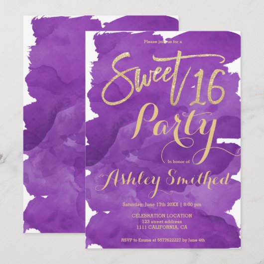 Gold typografie paarse waterverf borstel gezoet 16 kaart (Voorkant / Achterkant)