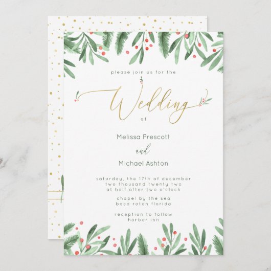 Gold Typografie - Uitnodiging voor kerstbruiloft (Voorkant / Achterkant)