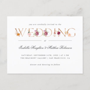 Gold Typography Burgundy Floral Wedding Uitnodiging Briefkaart