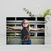Gold Typography Merry Kerstfeestay Foto Folie Feestdagenkaart (Staand Voorkant)