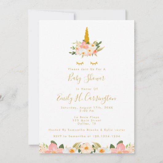 Gold Unicorn Baby shower Invitation Kaart (Voorkant)
