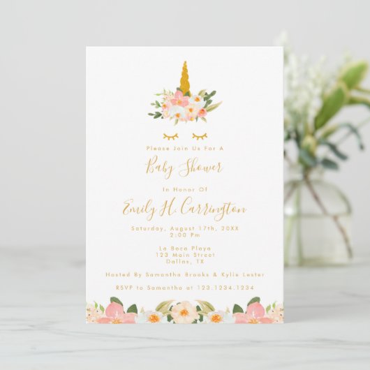 Gold Unicorn Baby shower Invitation Kaart (Staand voorkant)
