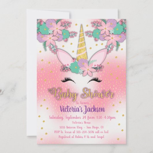 Gold Unicorn Floral Baby shower Invitation Kaart (Voorkant)