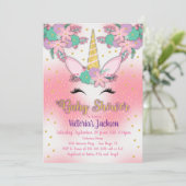 Gold Unicorn Floral Baby shower Invitation Kaart (Staand voorkant)