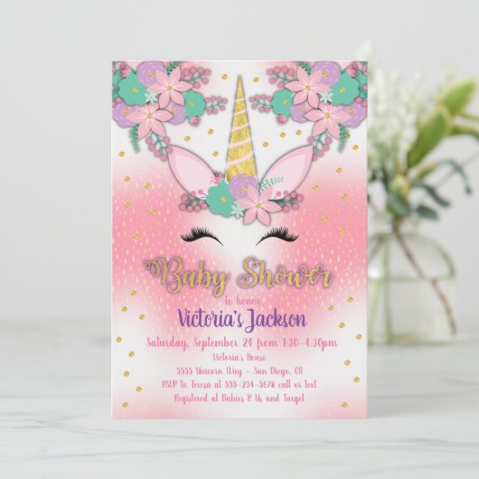 Gold Unicorn Floral Baby shower Invitation Kaart (Staand voorkant)