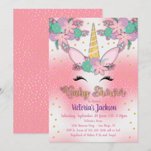 Gold Unicorn Floral Baby shower Invitation Kaart (Voorkant / Achterkant)