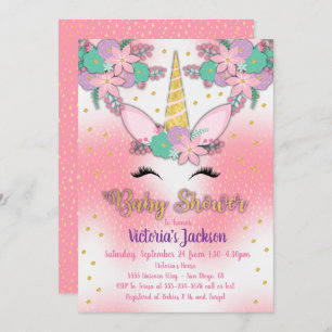 Gold Unicorn Floral Baby shower Invitation Kaart