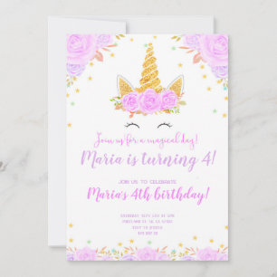 Gold Unicorn floral Birthday Invitation Kaart