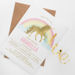 Gold Unicorn Girls Birthday Party Kaart<br><div class="desc">Schattig goud en het thema van de regenboogeenhoorn verjaardagsfeest.</div>