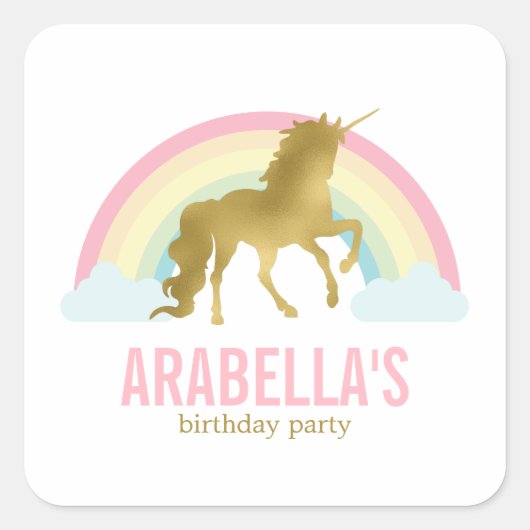 Gold Unicorn Girls Birthday Party Vierkante Sticker (Voorkant)