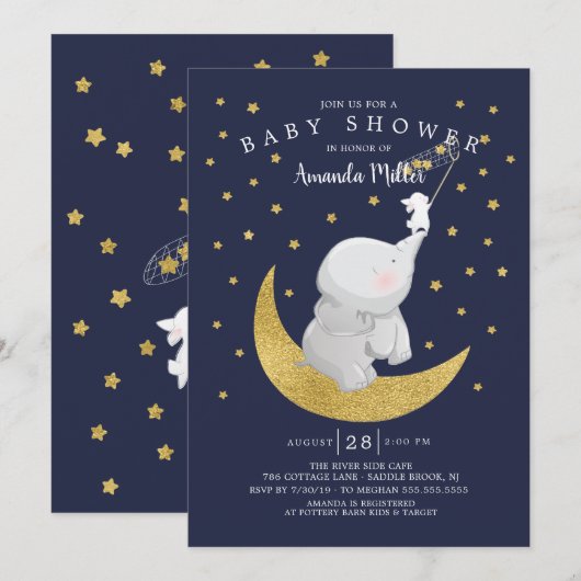 Gold vangt een Baby shower van sterbunny Elephant Kaart (Voorkant / Achterkant)