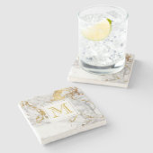 Gold Vein Marble Monogram Stenen Onderzetter (Zijkant)