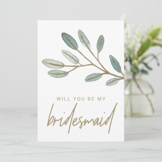 Gold Veined Eucalyptus Bridesmaid Voorstel Kaart (Staand voorkant)