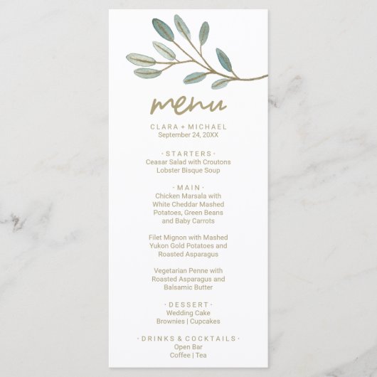 Gold Veined Eucalyptus Dinner Menu Kaart (Voorkant)