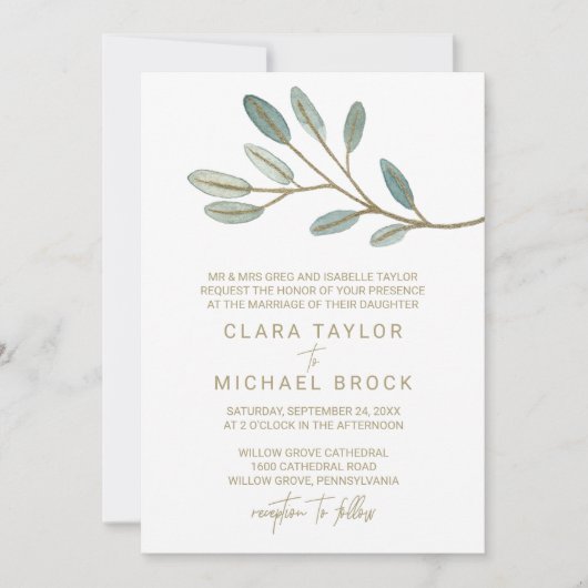 Gold Veined Eucalyptus Formele bruiloft Kaart (Voorkant)
