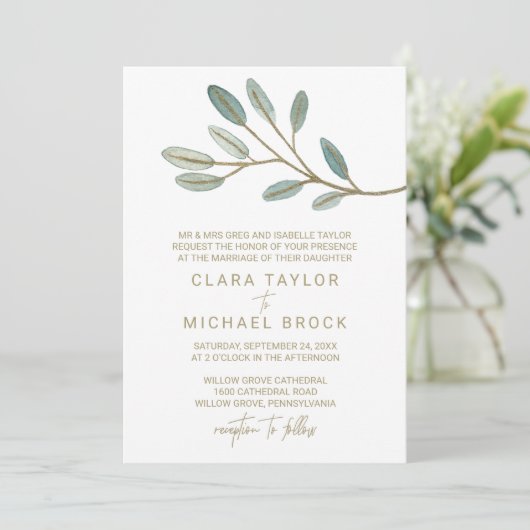 Gold Veined Eucalyptus Formele bruiloft Kaart (Staand voorkant)