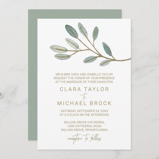 Gold Veined Eucalyptus Formele bruiloft Kaart (Voorkant / Achterkant)