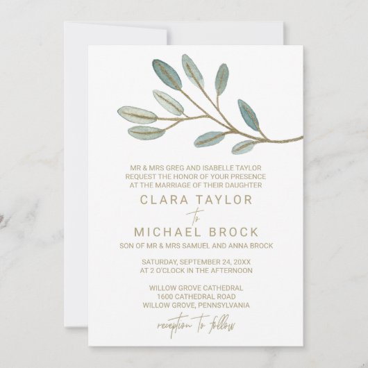 Gold Veined Eucalyptus Formele bruiloft Kaart (Voorkant)