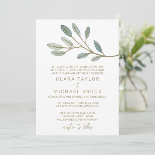 Gold Veined Eucalyptus Formele bruiloft Kaart (Staand voorkant)