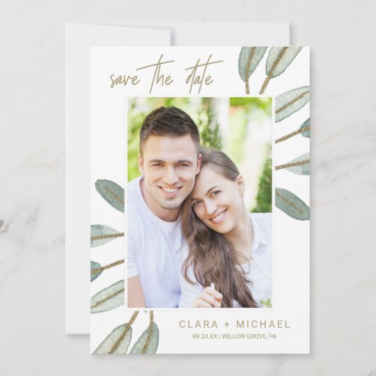 Gold Veined Eucalyptus Photo Save the Date Kaart (Voorkant)