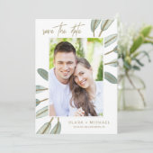 Gold Veined Eucalyptus Photo Save the Date Kaart (Staand voorkant)
