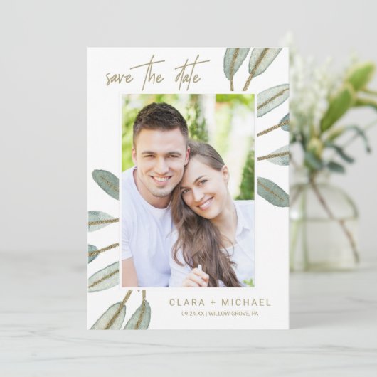 Gold Veined Eucalyptus Photo Save the Date Kaart (Staand voorkant)