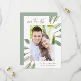 Gold Veined Eucalyptus Photo Save the Date Kaart