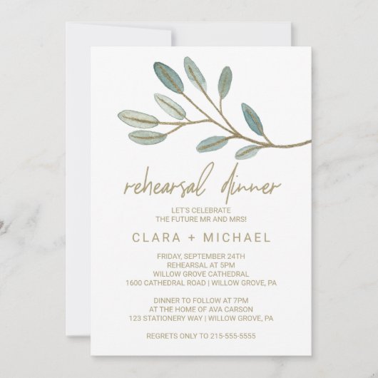 Gold Veined Eucalyptus Rehearings Dinner Kaart (Voorkant)