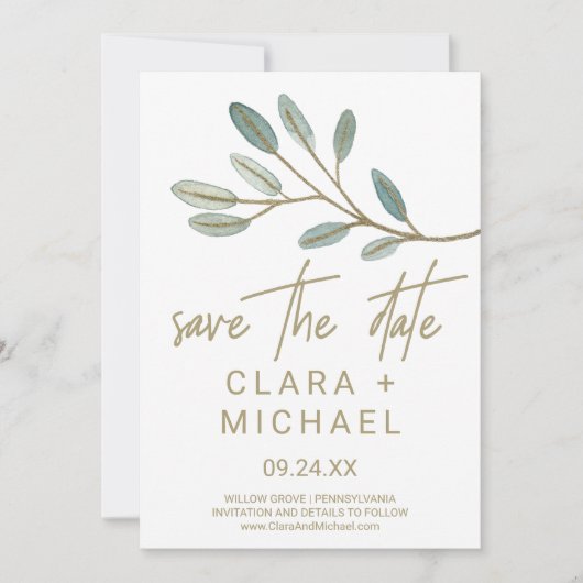 Gold Veined Eucalyptus Sla de datum-Kaart op Save The Date (Voorkant)