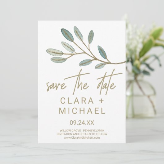 Gold Veined Eucalyptus Sla de datum-Kaart op Save The Date (Staand voorkant)