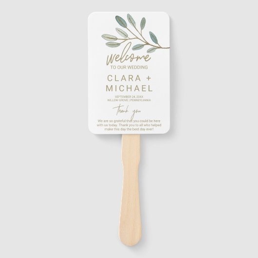 Gold Veined Eucalyptus Weddenprogramma Handwaaier (Voorkant)