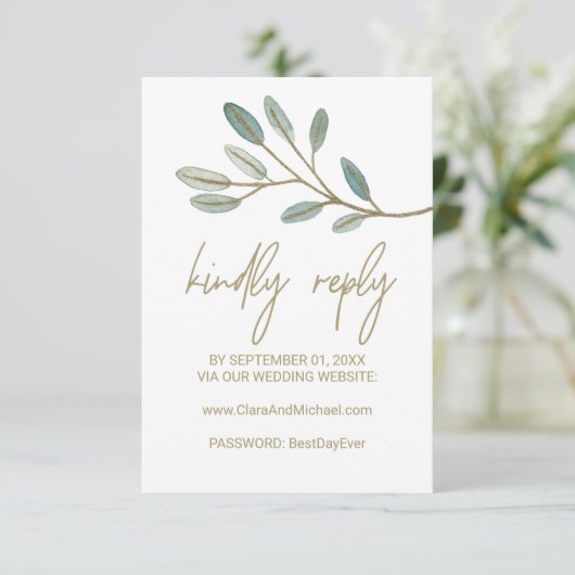 Gold Veined Eucalyptus Weddenschap Website RSVP-ka RSVP Kaartje (Staand voorkant)