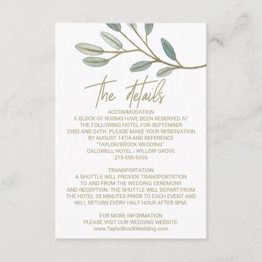 Gold Veined Eucalyptus Wedding Details Kaart (Voorkant)