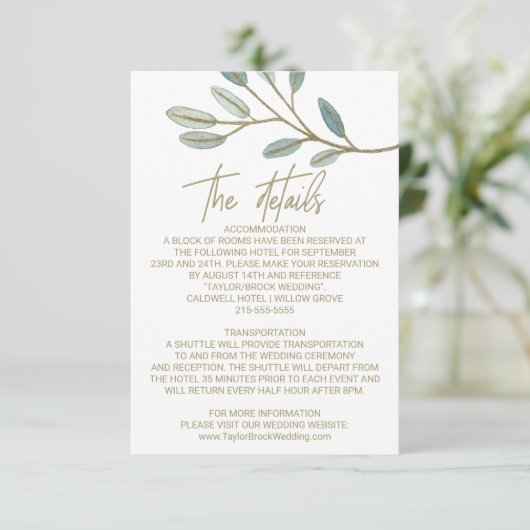 Gold Veined Eucalyptus Wedding Details Kaart (Staand voorkant)