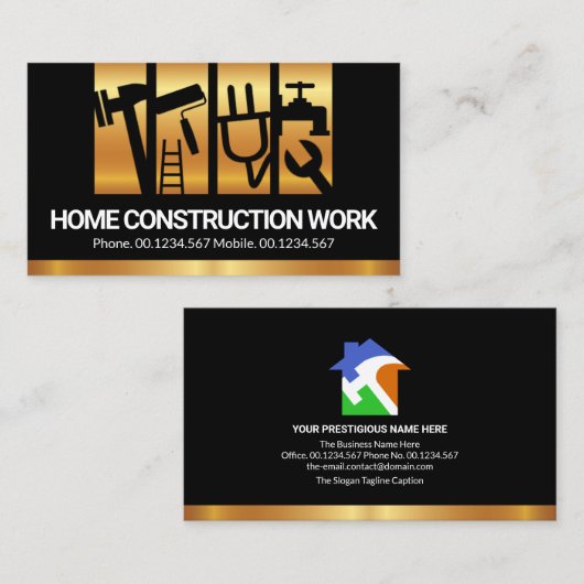 Gold Vertical Construction Handyman Tool Stripes Visitekaartje (Voorkant / Achterkant)