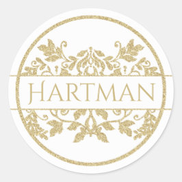 Gold Vine Floral Damask Emblem Wit Ronde Sticker