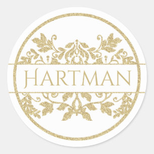 Gold Vine Floral Damask Emblem Wit Ronde Sticker